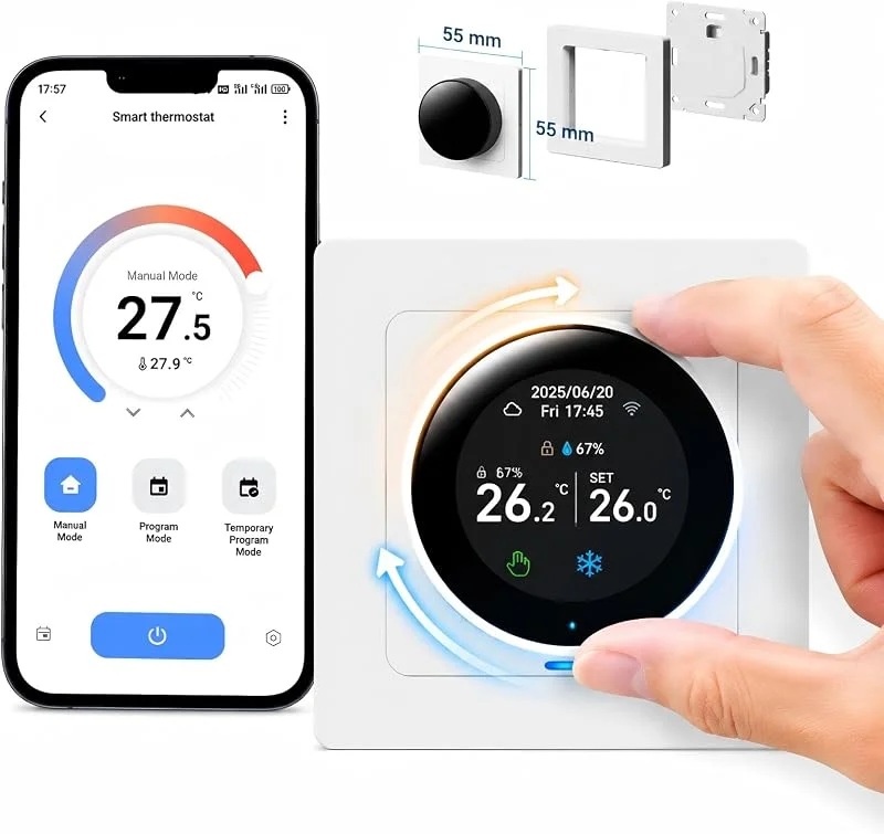 Termostato smart WiFi per riscaldamento a pavimento ad acqua 3A, termostato ambiente da incasso con display TFT, cronotermostato wifi programmabile, compatibile con Alexa, Google Home, Tuya AC100-240V
