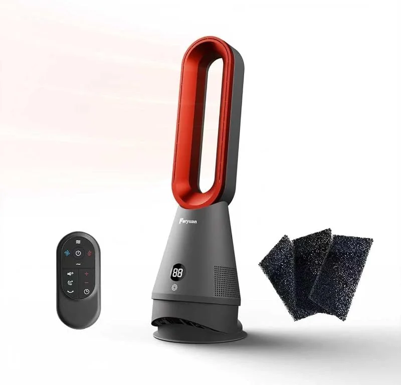 Ventilatore senza foglie (25 pollici), termoventilatore 3 in 1 e filtro HEPA, oscillazione 80°, 8 livelli, timer 9H & FB, silenzioso per casa, ufficio (grigio e rosso) — Riscaldamento