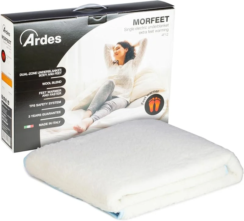 Ardes, Ar4F11 Scaldaletto Singolo Elettrico Morfeet Coperta Riscaldante 60W, Scaldaletto Singolo Elettrico 2 Zone Calde, Termocoperta Singola Elettrica 100% Pura Lana, Bianco — Riscaldamento
