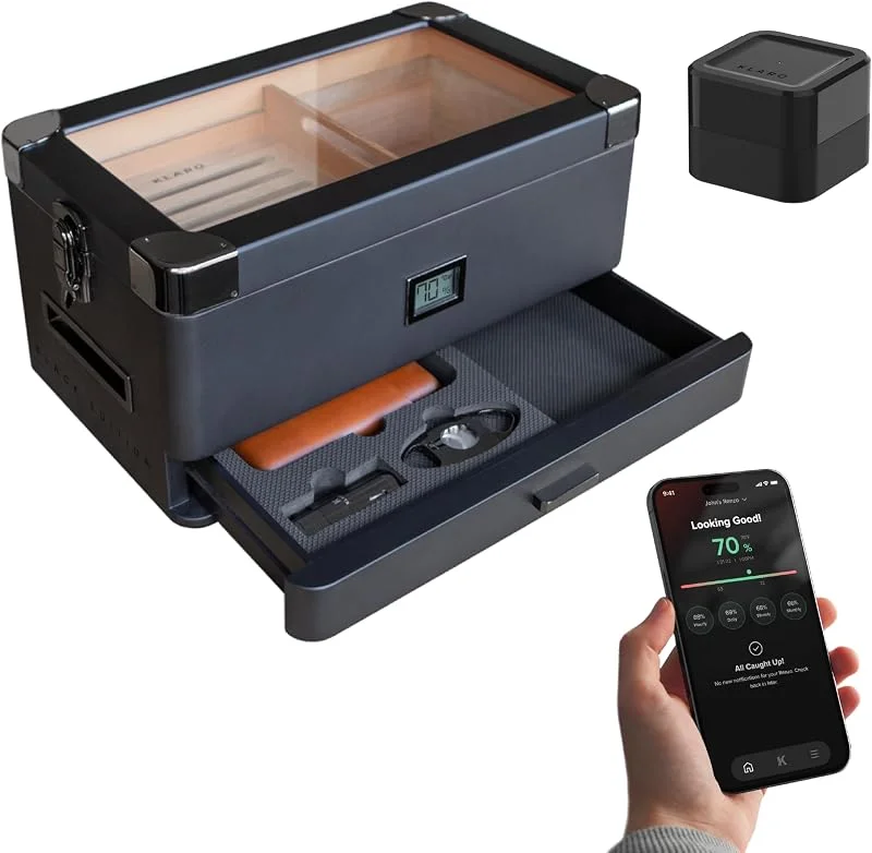 Case Elegance Nero Militare Humidor con igrometro digitale anteriore, cedro spagnolo, soluzione umidificatore, sistema idro e cassetto in schiuma per accessori - contiene (50-100 sigari)