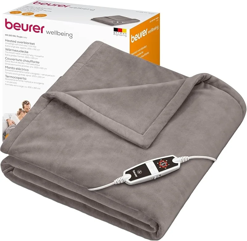 Beurer Coperta elettrica HD 150 XXL, termocoperta elettrica con spegnimento automatico, 200 x 150 cm, 6 impostazioni di temperatura, lavabile in lavatrice, morbida coperta, tortora — Riscaldamento