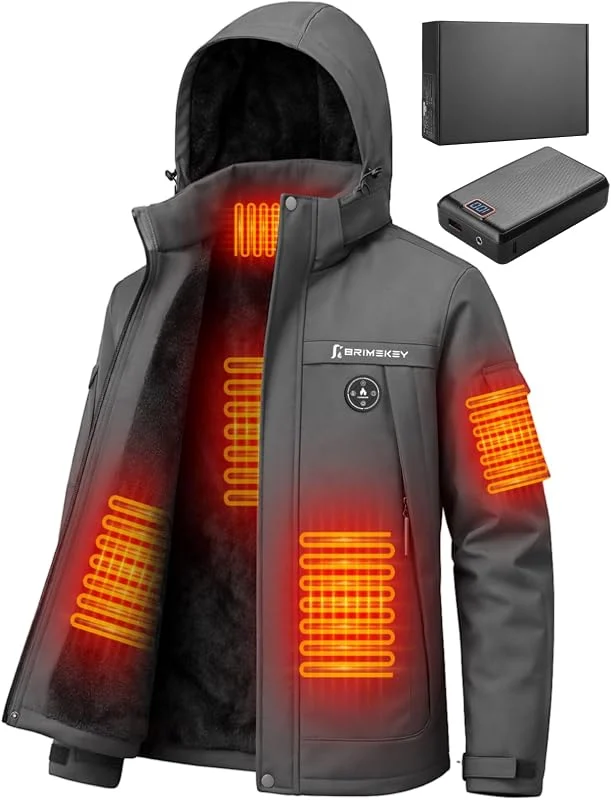 Giacca Riscaldata Uomo ad Interno in Fleece, Batteria HD 20000mAh 7.4V, 6 Zone Riscaldanti e 3 Temperature, Giacca Impermeabile Antivento per Sci — Abbigliamento riscaldato
