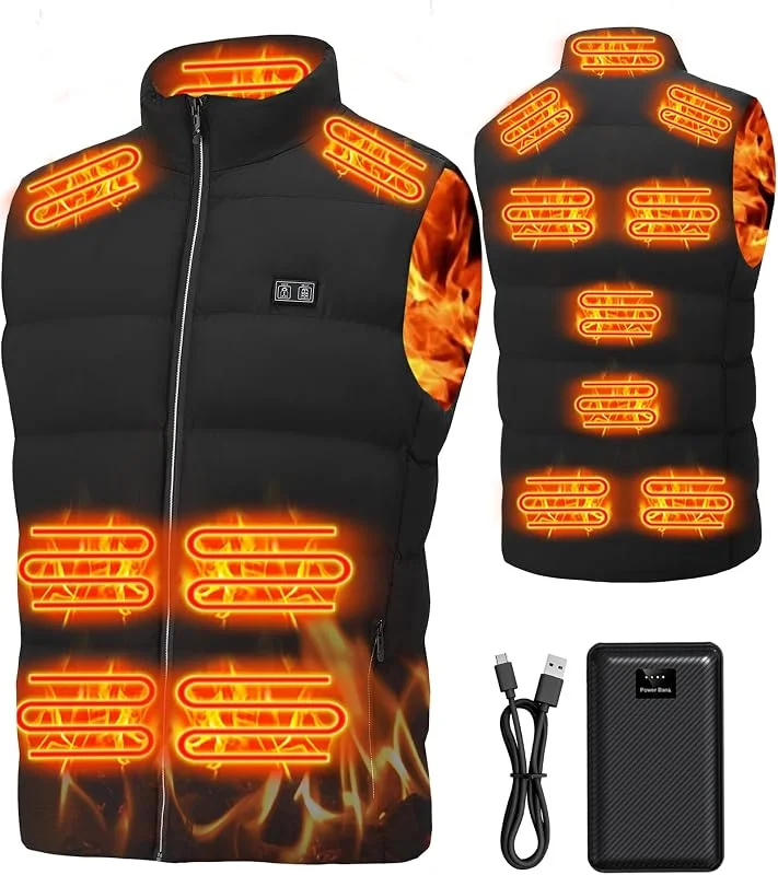 Gilet elettrico riscaldato da uomo: USB 3 livelli di temperatura, gilet riscaldante con batteria da 7, 4 V 16000 mAh, 15 zone di riscaldamento, giacca invernale leggera riscaldata per escursioni — Abbigliamento riscaldato