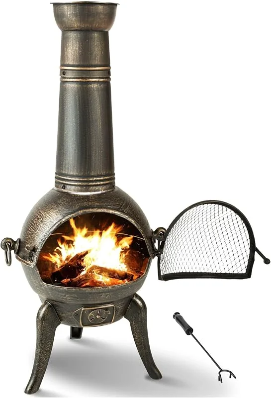TecTake® Stufa da Giardino in Ghisa, Stufa da Terrazza con Griglia Estraibile e Attizzatoio, Regolazione Aria, Protezione dalle Scintille, Copertura Caminetto Removibile - Grigio — Riscaldamento