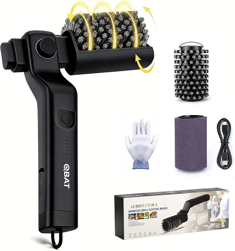 Spazzola elettrica per barbecue a batteria – Testa orientabile a 180°, motore a 3 velocità, 90 minuti di autonomia, impermeabile, teste di spazzola in acciaio inox e nylon per griglia, affumicatore — Abbigliamento riscaldato
