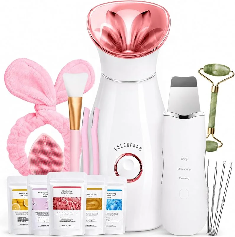 Colorfarm Vaporizzatore facciale nano ionico: kit per la pulizia profonda dei pori, seni nasali, con 8 strumenti per la cura della pelle, umidificatore, nebbia calda, regalo per donne