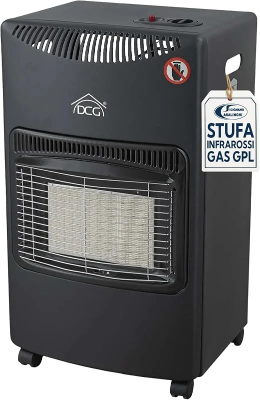 Sicignano Stufa a Gas Portatile Infrarossi con Ruote, Potenza Regolabile 1, 55-4, 2 kW, Accensione Piezoelettrica, per Bombola 15 Kg, Sicurezza ODS e Anti-Ribaltamento, Colore Nero — Riscaldamento