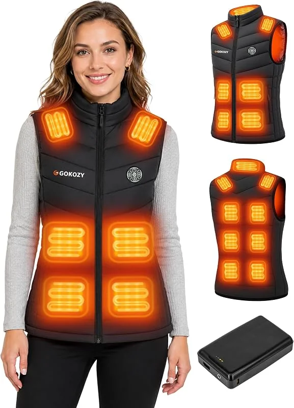 Gokozy Gilet riscaldato da donna con batteria da 7, 4 V 16000 mAh, riscaldamento intelligente 4 in 1 a 5 zone, lavabile in lavatrice, leggero, per escursioni invernali e lavoro all'aperto — Abbigliamento riscaldato