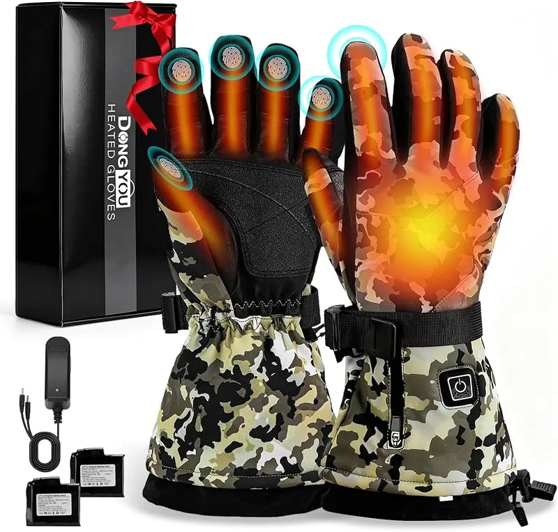 Lychee Guanti riscaldati ricaricabili Camouflage, guanti riscaldati elettrici impermeabili e antivento da 7, 4 V e 22, 2 Wh, guanti da campeggio — Abbigliamento riscaldato