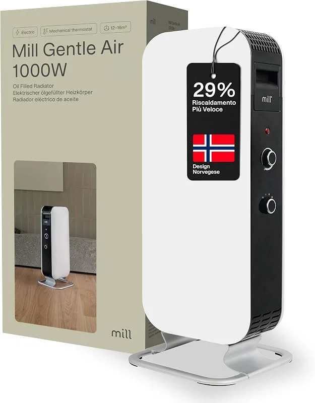 Mill radiatore al olio Norvegese Mill Gentle AIR AB-H1000MEC, 1000W, riscalda ambienti fino a 21mq. (Bianco, 12-16 m² - MEC) — Riscaldamento