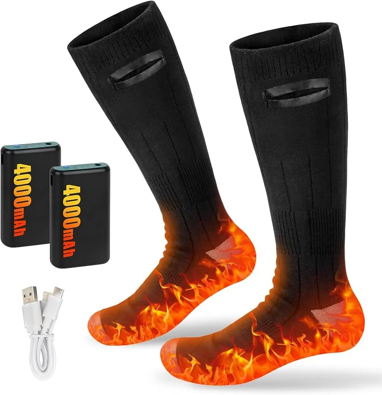 Calze Riscaldate per Uomo e Donna, Calzini Riscaldati Lavabili, Calzini Riscaldabili Ricaricabili 3 Impostazioni di Calore 2×4000mAh per Sport, Sci, Campeggio, Ciclismo, Pesca — Abbigliamento riscaldato