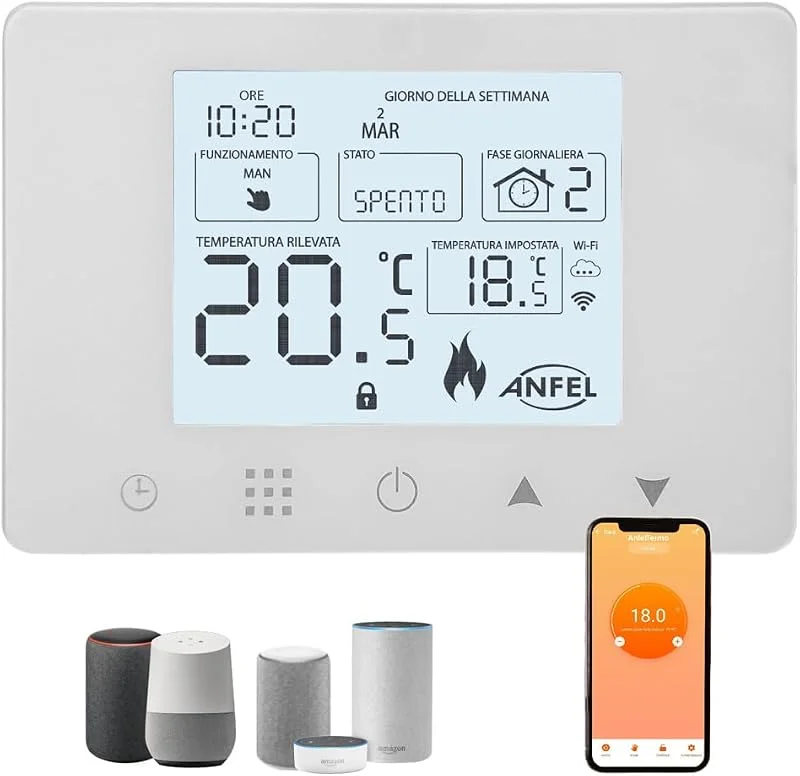 CRONOTERMOSTATO WIFI PROGRAMMABILE SMARTPHONE APP ALEXA TERMOSTATO CALDAIA DA PARETE O BOX 503 DISPLAY IN ITALIANO ALIMENTAZIONE 90-240 Vac DOPPIA FUNZIONE RISCALDAMENTO, CONDIZIONAMENTO