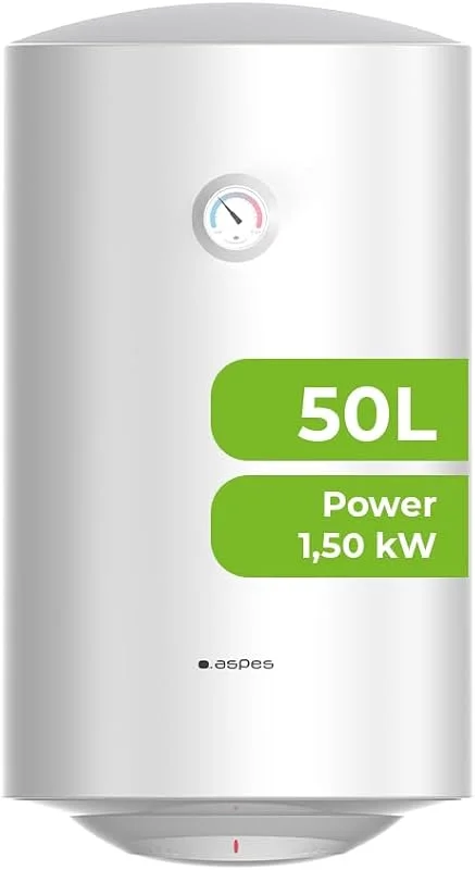 Aspes AT5001S - Scaldabagno elettrico da 50 litri, 1500 W, kit di montaggio incluso, resistenza in acciaio smaltato, termostato manuale, temperatura massima 70°, bianco, efficienza energetica classe C — Riscaldamento