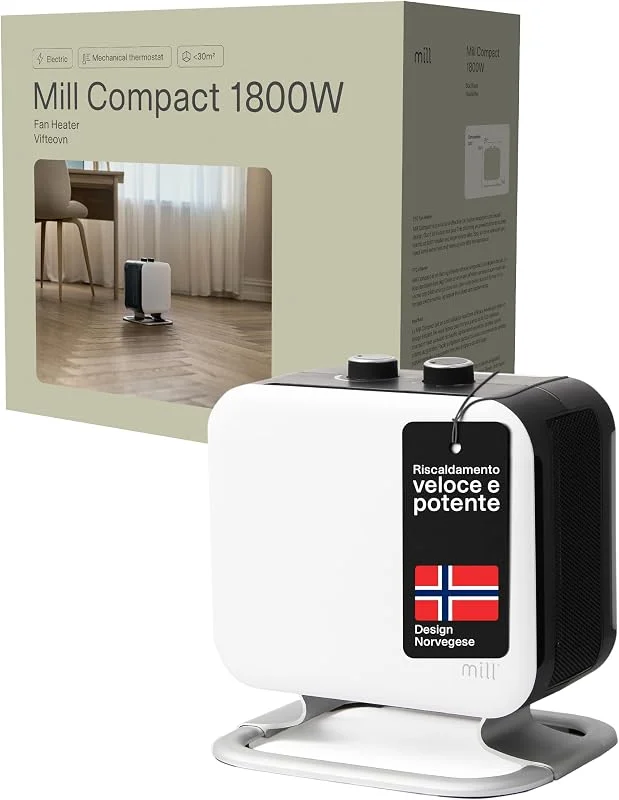 Mill Termoventilatore Portatile Compact 1800W, Stufa Elettrica in Ceramica PTC per 5–30 m², MEC, Riscaldamento Rapido, Silenzioso, Bianco, Design Norvegese