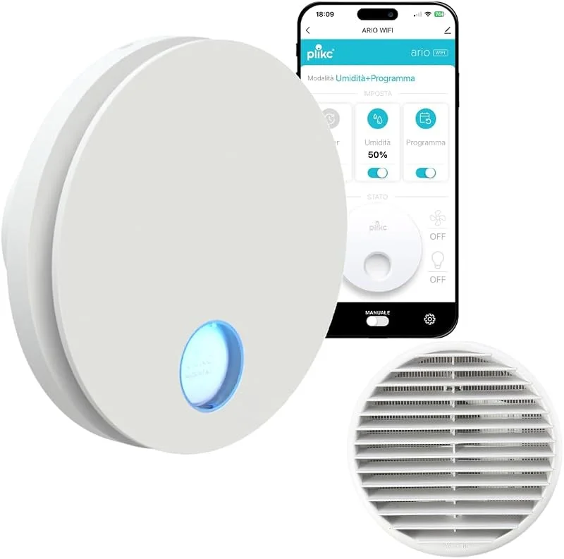 plikc - Aspiratore WIFI da parete ad aspirazione assiale serie Ario W con sensore di Umidità e Timer - 100% MADE IN ITALY + Griglia da muro (Foro Ø 98, Bianco) — Umidificatore
