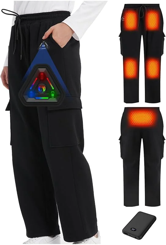 Pantaloni riscaldanti uomo e donna con batteria 7, 4 V 10000 mAh, controllo 4 in 1 e 5 zone di calore, pantaloni termici larghi con tecnologia riscaldante in fibra di carbonio per lavoro, escursionismo — Abbigliamento riscaldato