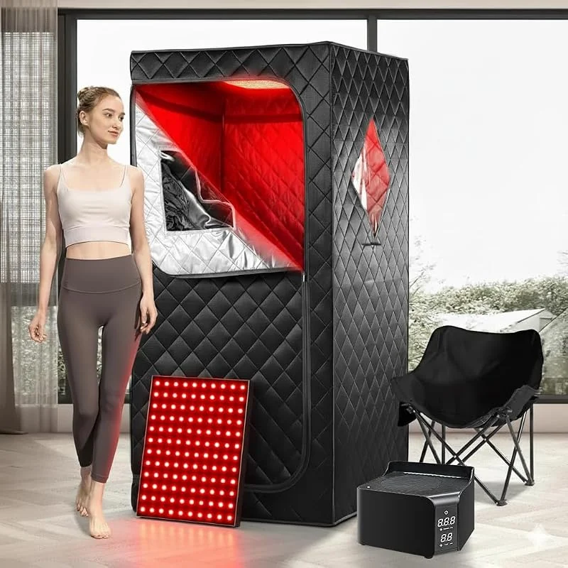 Scatola portatile per sauna a infrarossi lontani per la casa con pannello a luce rossa 660nm, sauna asciutta a infrarossi aggiornata per la casa, 60 °C, cuscino riscaldante, sedia comoda — Riscaldamento