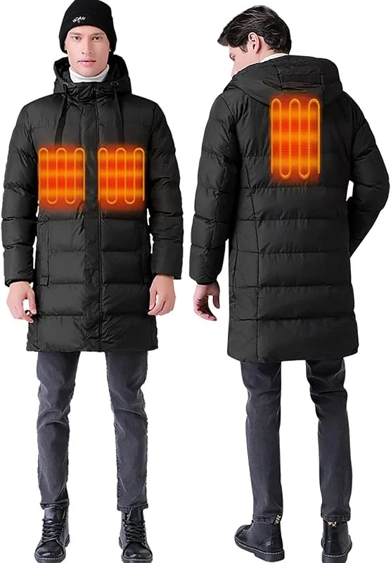 Giacca Riscaldato con Cappuccio, Giacca Invernale Uomo Donna Calda con 3 Livelli di Riscaldamento, Porta di Ricarica USB, Cappotti Impermeabile — Abbigliamento riscaldato