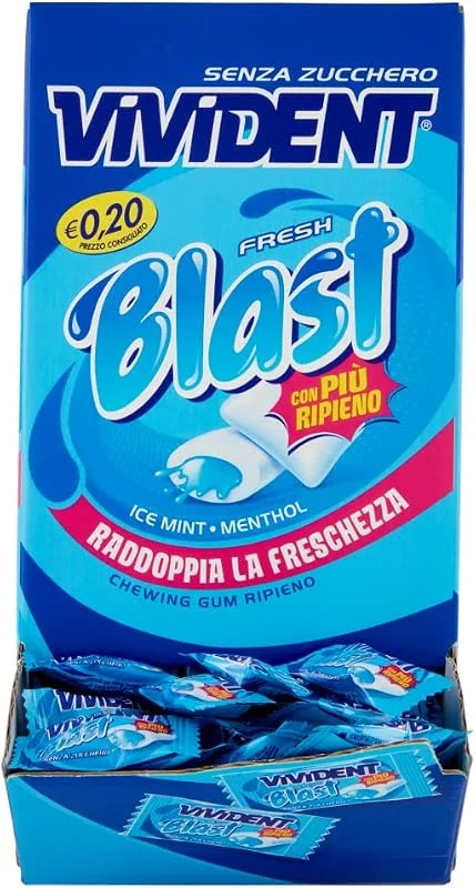 Vivident Fresh Blast, Chewing Gum Ripieno, Senza Zucchero, Gusto Menta, Senza Glutine, Confezione da 200 Gomme da Masticare incartate singolarmente — Riscaldamento