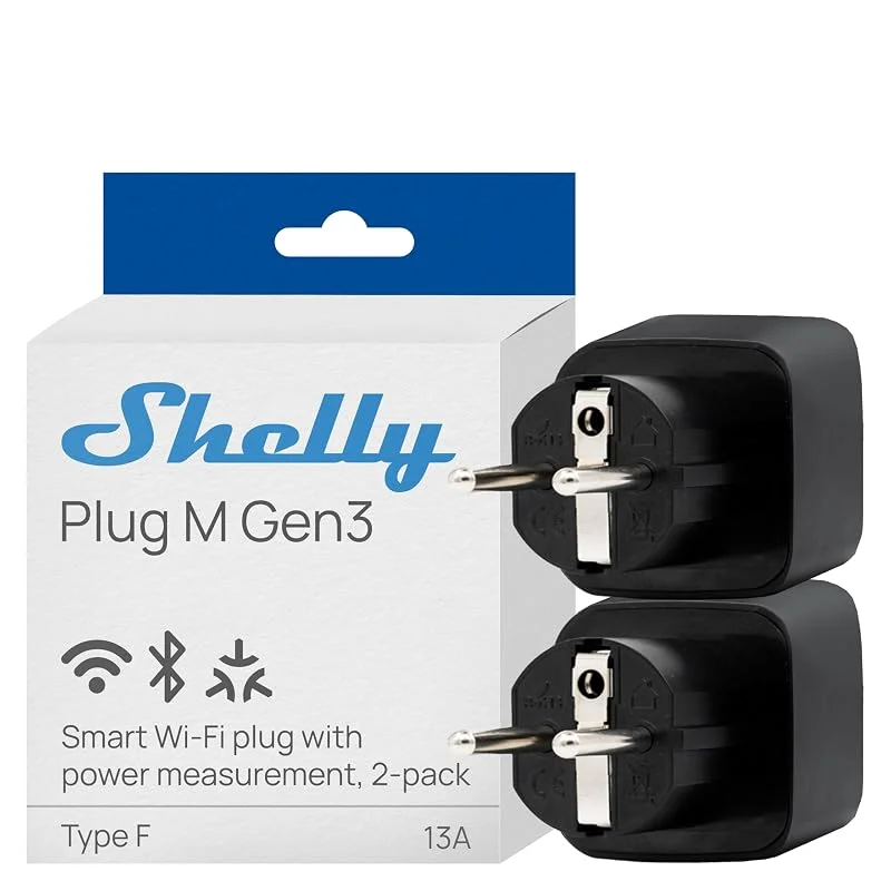 Shelly Plug M Gen3 Nero - Presa Intelligente Wi-Fi & Matter (Tipo F), Misurazione Consumi, 13A, 3000W, Nessun Hub Richiesto, Timer, Riscaldamento, Luci, Alexa, Google Home, Apple HomeKit (2 Pezzi)