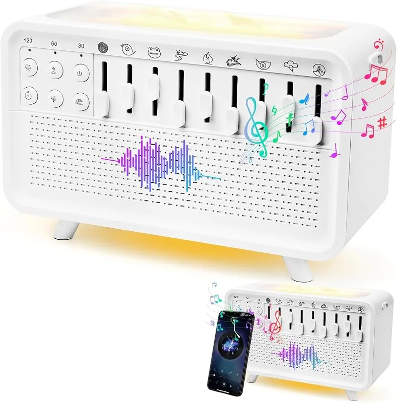 Umidificatore Luce Notturna Rumore Bianco, Macchina del Suono del Sonno Portatile per Adulti, Altoparlante Bluetooth 4 in 1 con 8 Suoni Ambientali, Timer, Diffusori di Fiamme Girelli(A)