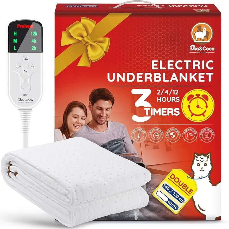 Coperta elettrica Mia&Coco con spegnimento automatico, 160 x 130 cm, sottocoperta riscaldata con timer di 12 ore e 3 livelli di calore, display LED, lavabile in lavatrice — Riscaldamento