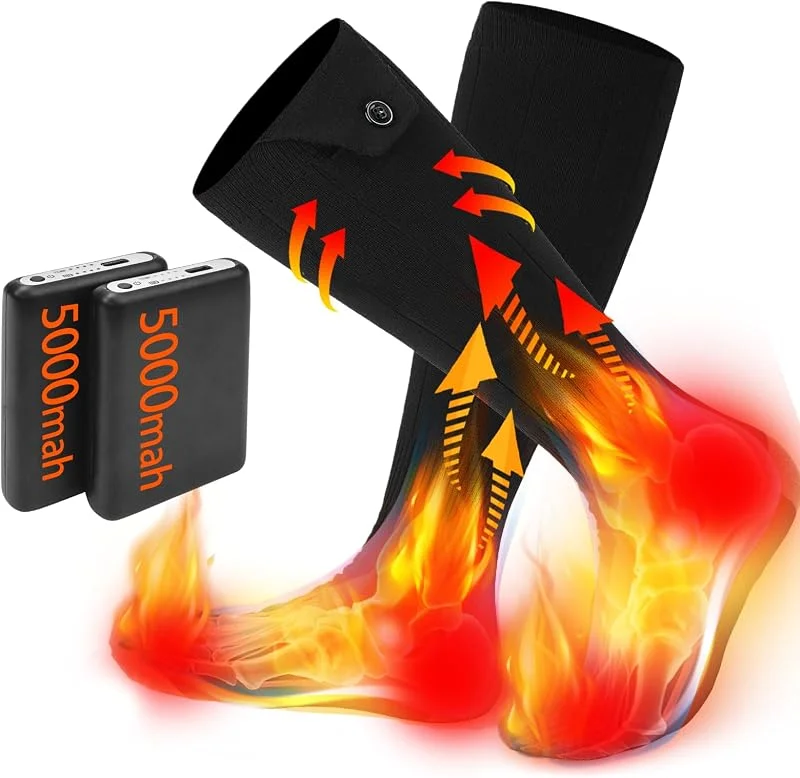 Calzini riscaldati elettrici per uomo e donna, con batteria da 5 V 5000 mAh, scaldapiedi con riscaldamento a 360°, calzini elettrici con 4 livelli di calore, adatti per sci all'aperto, campeggio