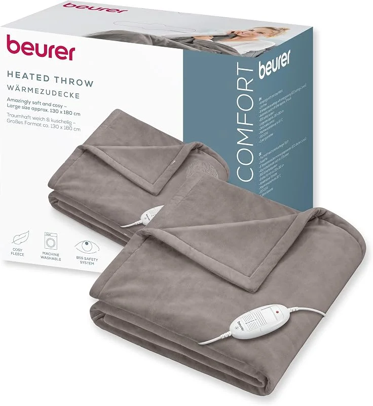 Beurer HD 75 Cosy Coperta Elettrica con Dispositivo di Termoregolazione Elettronico, 6 livelli di temperatura e spegnimento automatico dopo 3h, colore Taupe — Riscaldamento