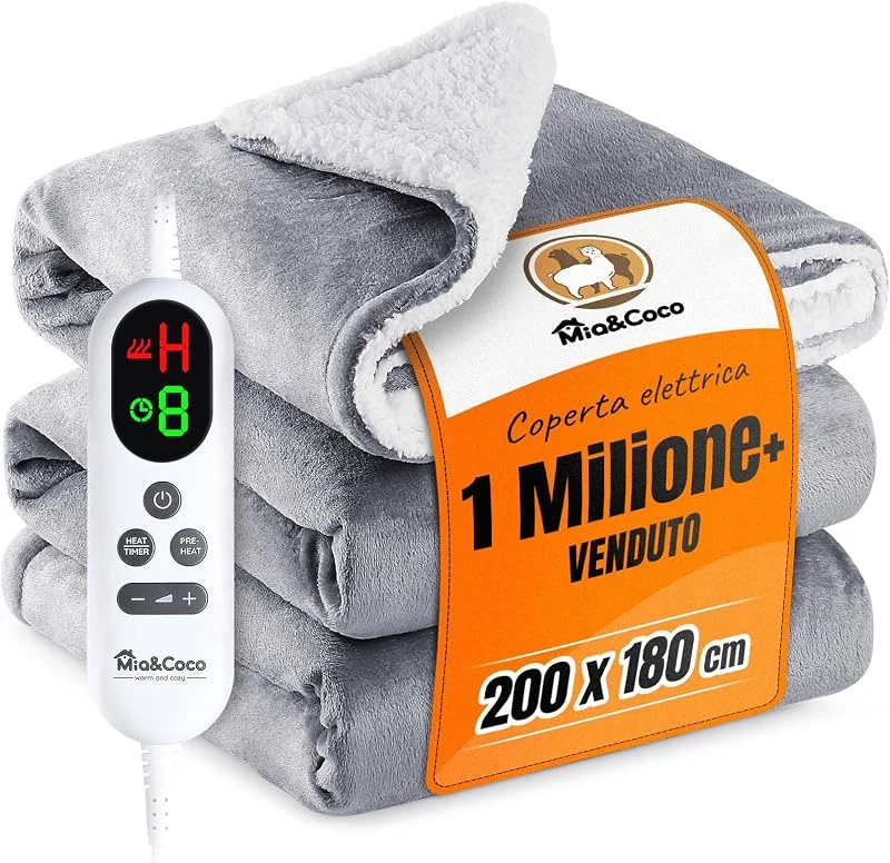 Mia&Coco Coperta elettrica spegnimento automatico 180x200 cm, 10 impostazioni di riscaldamento, timer di spegnimento automatico fino a 9 ore, flanella, lavabile, grigio