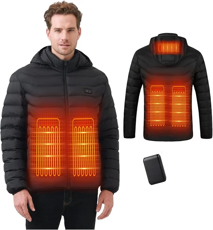 Mincoo Giacca Riscaldato con Cappuccio, Giacca invernale Uomo Calda con 3 Livelli di Riscaldamento, Porta di ricarica USB, Cappotti Impermeabile per Il Lavoro All'aperto Sci — Abbigliamento riscaldato