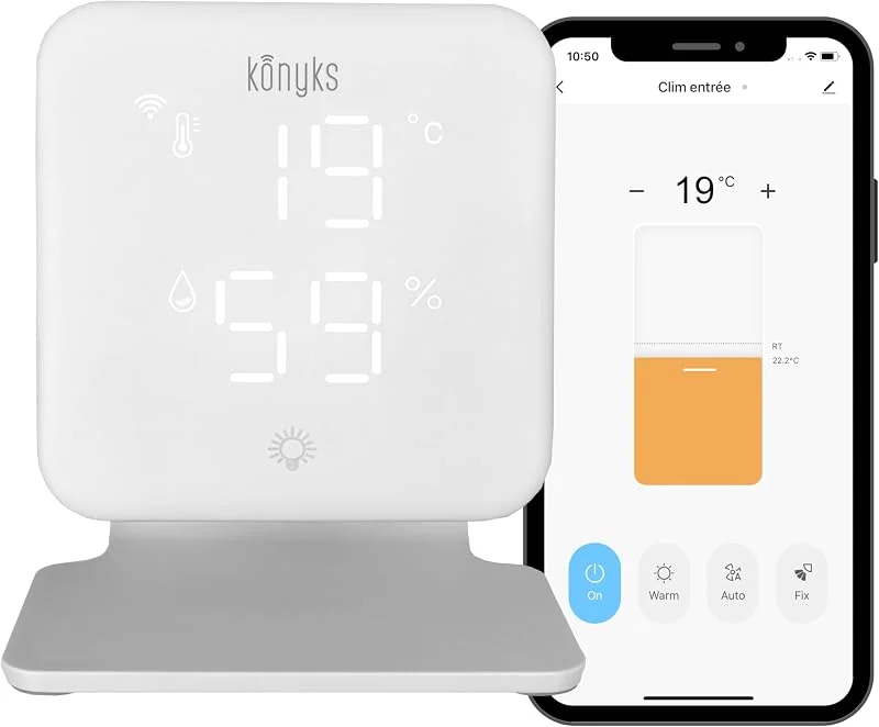 Konyks Climpac - Termostato Wi-FI per Condizionatori e Pompe di Calore Aria Controllo Remoto, Controllo Vocale, Termometro e Igrometro integrati — Riscaldamento