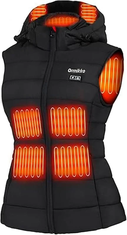 Gilet riscaldato da donna, cappuccio riscaldato staccabile con batteria da 7, 4 V 16000 mAh, ricarica rapida, gilet riscaldato da donna, Nero, M — Abbigliamento riscaldato