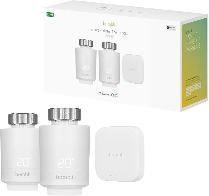 Hombli Kit di Avviamento per Termostato Intelligente per Radiatore con Funzione App, Termostato per Riscaldamento con Controllo Vocale e Bluetooth, Risparmio Energetico, Compatibile con Google e Alexa