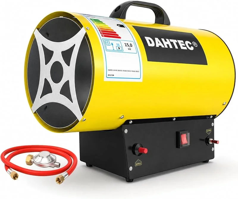 DAHTEC Riscaldatore Mobile a Gas 15 kW - Cannone Termico - Termoventilatore a Gas - Riscaldamento Radiante - Accensione Piezoelettrica - per Cantieri, Officina, Serra
