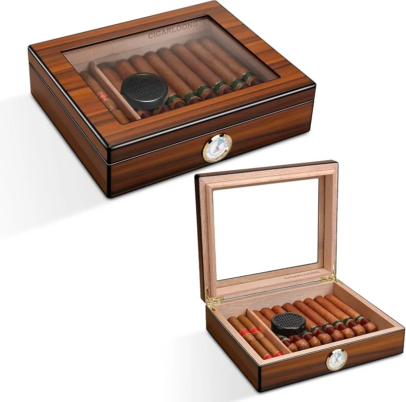 CIGARLOONG Umidificatore per sigari in legno di cedro con igrometro e umidificatore fino a 20-25 sigari (colore marrone)