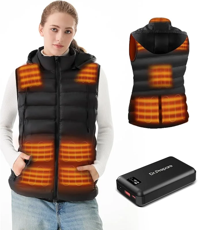 DR.PREPARE Gilet riscaldato da donna con batteria inclusa, gilet riscaldante leggero con cappuccio, giacca riscaldante elettrica per attività all'aperto — Abbigliamento riscaldato
