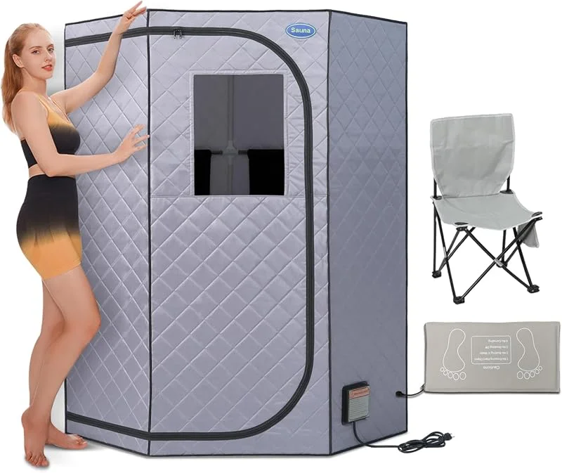 Sauna a infrarossi portatile a grandezza naturale per la casa, sauna a infrarossi lontani pentagonali, tenda per sauna per una persona, con poggiapiedi riscaldante, sedia portatile, (L38 x L38 x H63 — Riscaldamento