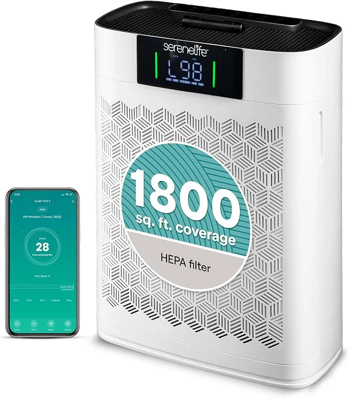 SereneLife Purificatore d'Aria HEPA per Casa 167 m², Air Purifier Silenzioso per Camera da Letto e Ambienti Grandi, WiFi Smart & App, Rimuove Polvere, Pelo Animali e Odori, Bianco — Umidificatore