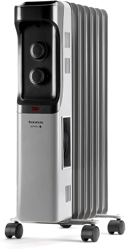 Taurus - Radiatore ad olio 1500W, 7 elementi, 3 livelli di potenza, Termostato regolabile, Protezione anti-ribaltamento e sovratemperatura, Basso consumo per fino a 15 m², Timer, Grigio — Riscaldamento