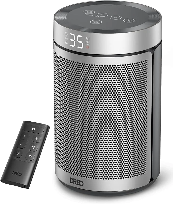 Dreo Termoventilatore a Risparmio Energetico 34 dB Silenzioso, 1500W PTC Ceramica Elettrico con Termostato, Protezione Surriscaldamento e Ribaltamento, Timer 12H, per Camera da Letto, Atom 316 Argento