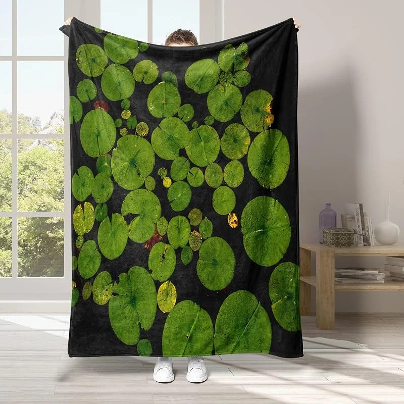 Foglia di Loto Coperta di Flanella 220x240cm, Verde Blanket Morbido Caldo e Confortevole, Modello di Copert con Stampa 3D, Adatto a Tutte le Stagioni — Riscaldamento
