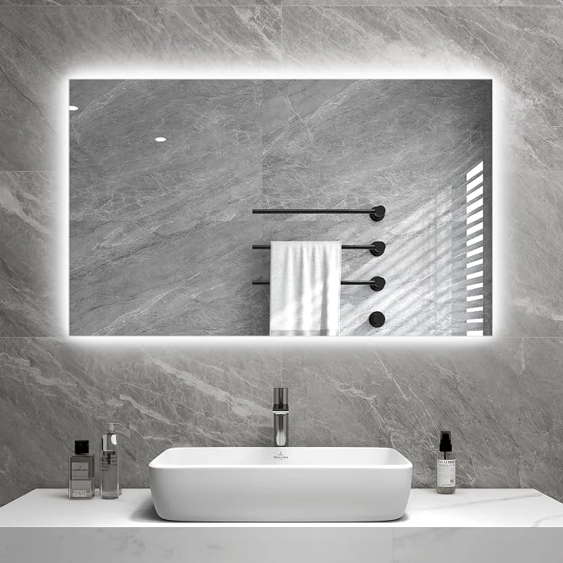 Byecold Specchio per riscaldamento a infrarossi, 580 W, montaggio a parete con LED (100 x 60 cm), riscaldamento elettrico a infrarossi, specchio da bagno, specchio da bagno, senza appannamento, con
