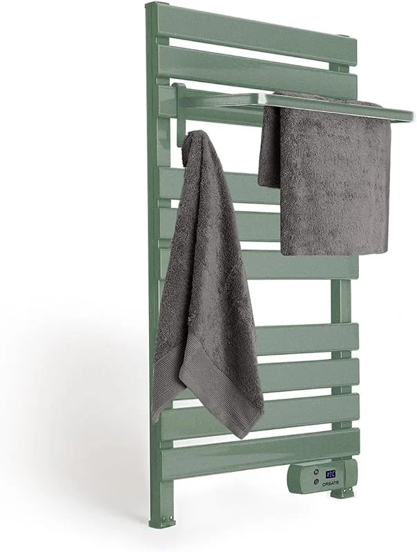 CREATE, Warm Towel 500W, Scaldasalviette Verde Salvia con ripiano, 96, 9x5x55 cm, per Pavimento o Parete, Timer, Schermo LCD, Basso consumo, termostato — Riscaldamento