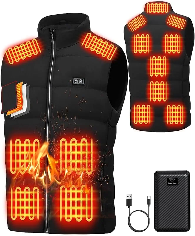 Gilet riscaldato elettrico da uomo: gilet riscaldato USB con 3 temperature regolabili, 15 zone di riscaldamento, batteria da 16000 mAh, giacca riscaldante invernale calda per attività all'aperto — Abbigliamento riscaldato