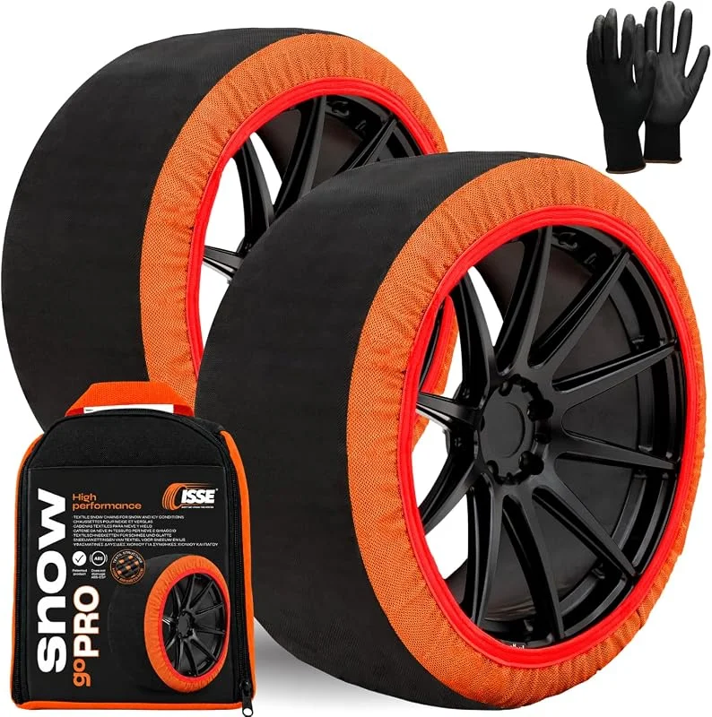 SNOWGO PRO Calze da Neve Omologate Italia EN 16662-1 - Due Catene da Neve in Tessuto Taglia M - R13 - R19 (Controlla le dimensioni del tuo pneumatico all'interno) — Abbigliamento riscaldato