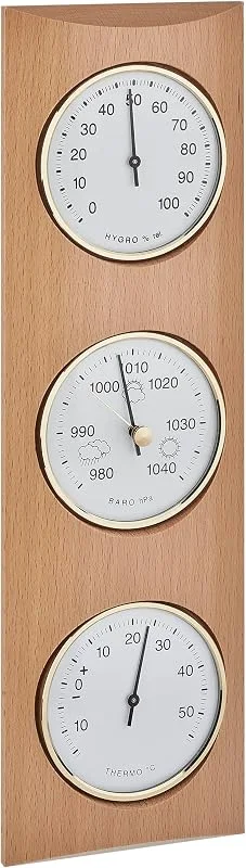 TFA Dostmann Stazione Meteo analogica, in Legno Massiccio, 20.1028.05, con barometro, termometro, igrometro, per Il Controllo del Clima Interno, dalla Germania — Umidificatore