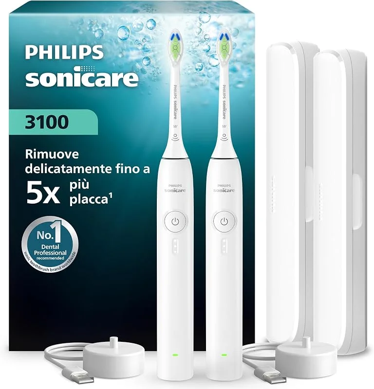 Philips Sonicare Serie 3100 - Spazzolino elettrico sonico, Sensore di pressione, 3 intensità, EasyStart, SmarTimer, autonomia 14 giorni, custodia, bianco, confezione da 2, HX4072, 41, [Nuovo] — Igiene orale