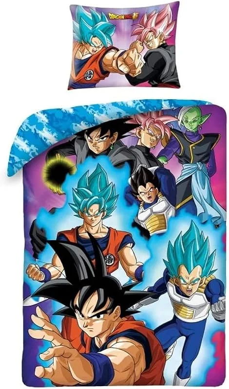 Halantex - DB110-6BL - Set Letto Dragonball Super PROTAGONISTI Goku Vegeta Copripiumino con Sacca Azzurra Reversibile Copripiumino e Federa - Multicolore - 100% Cotone - 140x200centimetri + 70x90cm — Riscaldamento