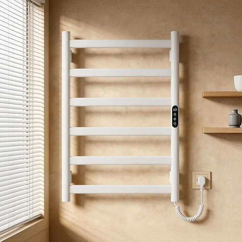 Scaldasalviette Elettrico Bagno, Termoarredo Elettrico Bagno con Display LED, 175W, Radiatore Scaldasalviette Elettrico, Temperatura Regolabile 46–70 °C e Timer 0-9 H, IPX4, 6 Barre — Riscaldamento