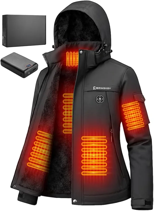 Giubbotto Riscaldato Donna in Fleece con Cappuccio, Impermeabile e Antivento, 6 Zone di Riscaldamento, Batteria 20000mAh, 3 Livelli Temperatura, Giacca Riscaldata per Sci, Snowboard, Campeggio — Abbigliamento riscaldato